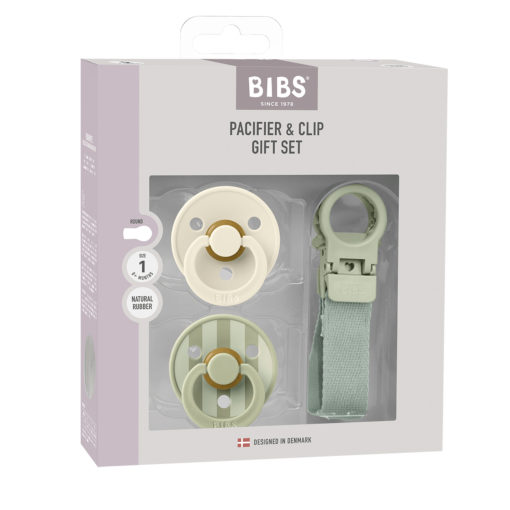 Подарунковий набір пустушки та тримач для соски BIBS Colour Pacifier & Loop Clip Gift Set Latex – Sage