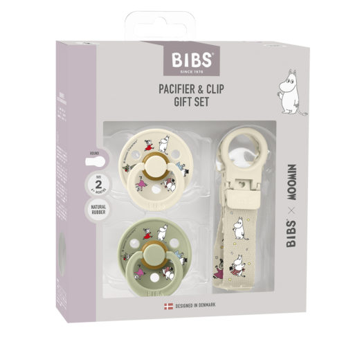Подарунковий набір пустушки та тримач для соски Bibs x Moomins Colour Pacifier & Loop Clip Gift Set Latex - Ivory/Sage