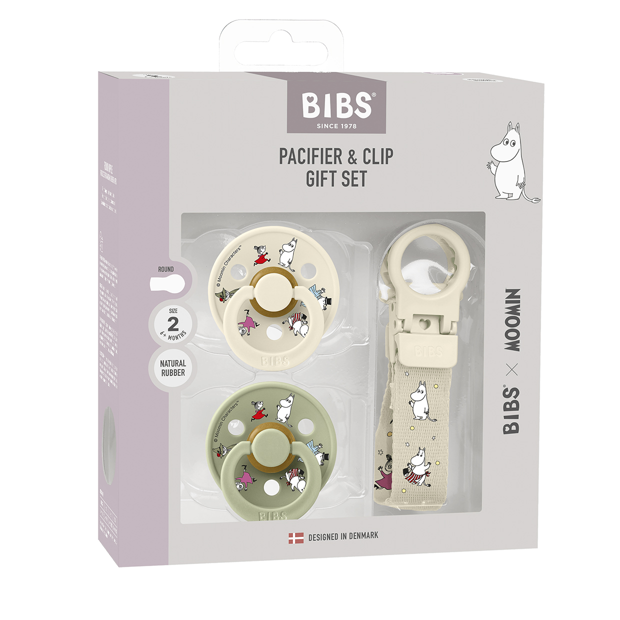 Подарунковий набір пустушки та тримач для соски Bibs x Moomins Colour Pacifier & Loop Clip Gift Set Latex - Ivory/Sage - 6-18 міс.
