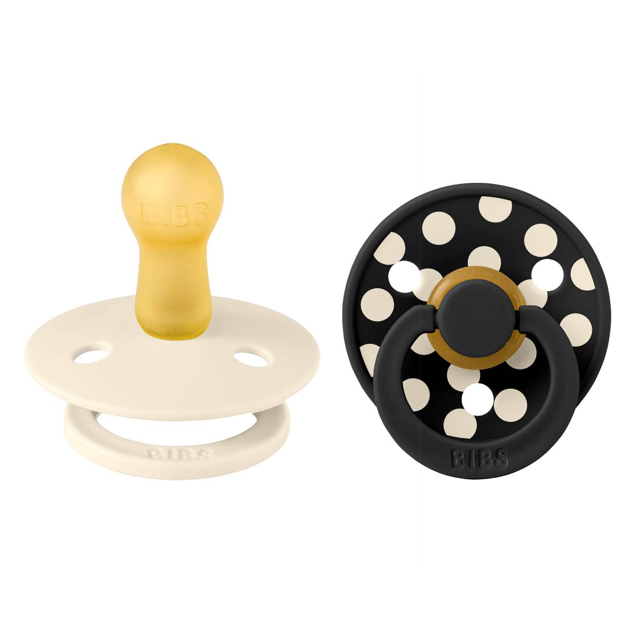 Пустушка BIBS Studio Colour 2 PACK Polka Latex Round (кругла) – Ivory / Black - 0-6 міс.