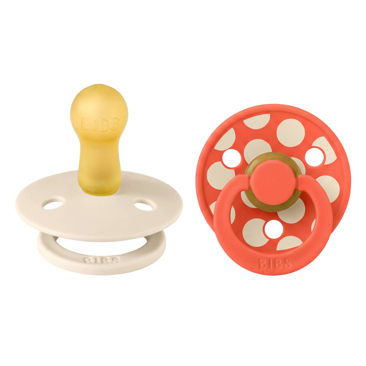 Пустушка BIBS Studio Colour 2 PACK Polka Mix Latex Round (кругла) – Ivory / Tango - 0-6 міс.